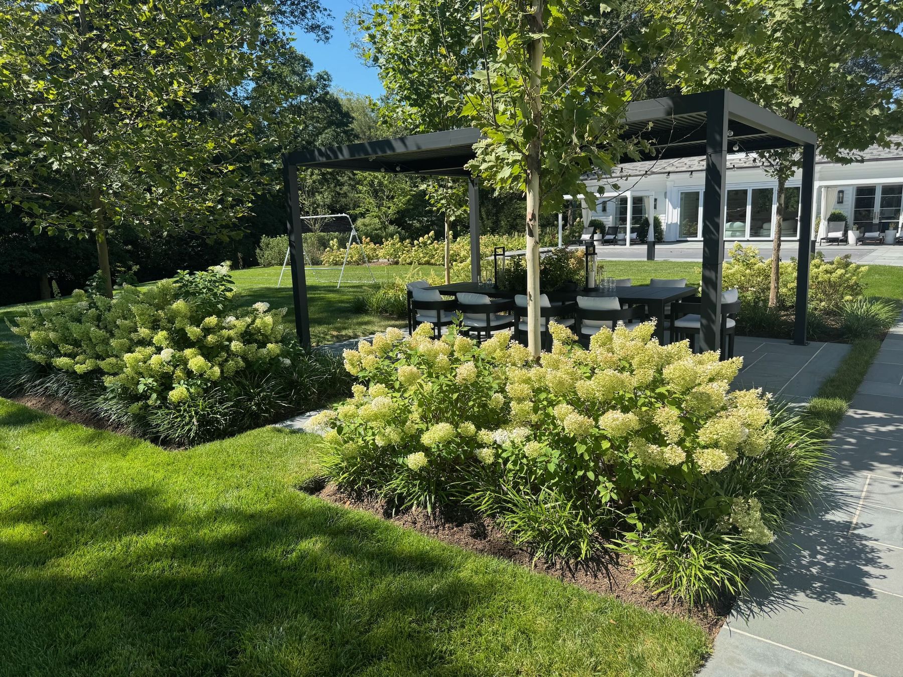 Lush garden with pergola and hydrangeas